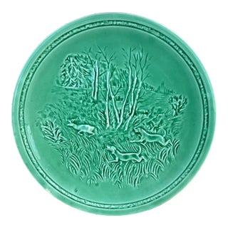 French Green Majolica Deer and Dogs Plate Sarreguemines, Circa 1920 For Sale