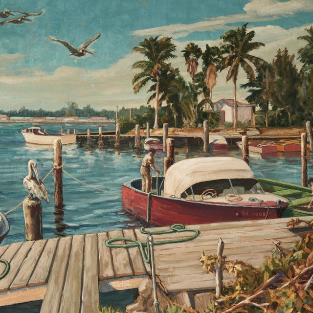 Mid 20th Century Vintage Painting of a Tropical Boat Dock For Sale - Image 5 of 9
