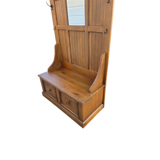 1990s Ethan Allen Logan Hall Tree Seat New Country Bench Coat Rack Trunk Mirror For Sale In Philadelphia - Image 6 of 18