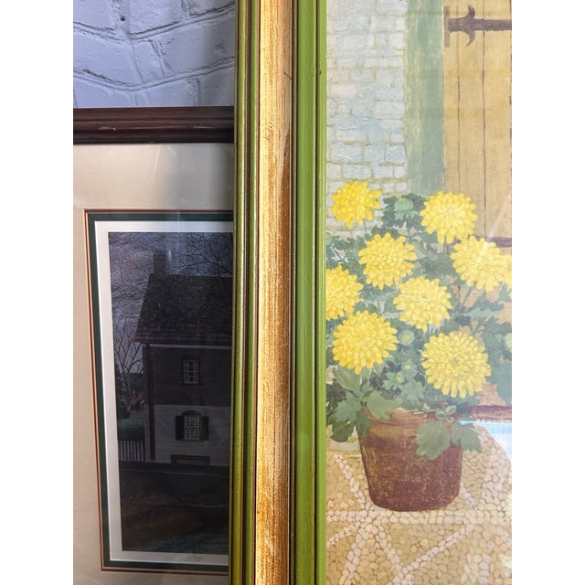 Cornflower Blue 1970s Framed Lydia Kemeny Floral Print "In a Courtyard For Sale - Image 8 of 12