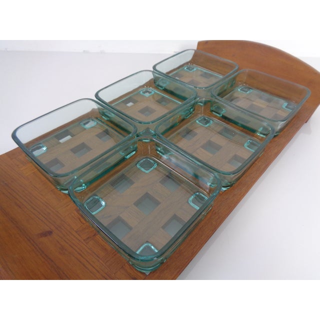 Wood Teak Tray with Glass Bowls by Jens Quistgaard for IHQ Dansk Designs, 1960s, Set of 7 For Sale - Image 7 of 18
