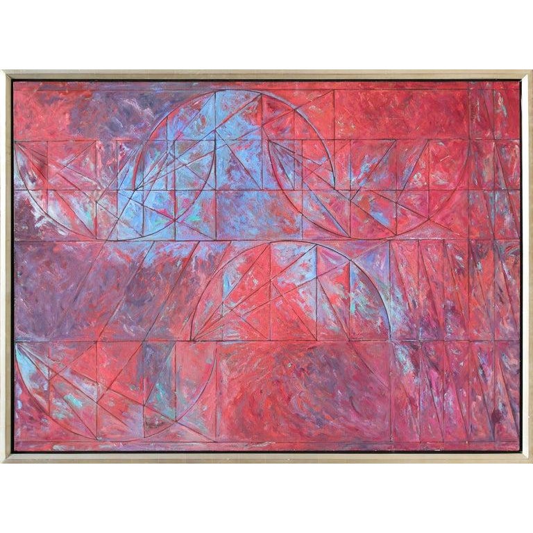 1985 Modern Red and Blue Geometric Abstract Painting With Linear Shapes ...