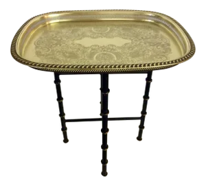 20th Century Hollywood Regency Brass Tray Table With Faux Bamboo Metal Folding Stand