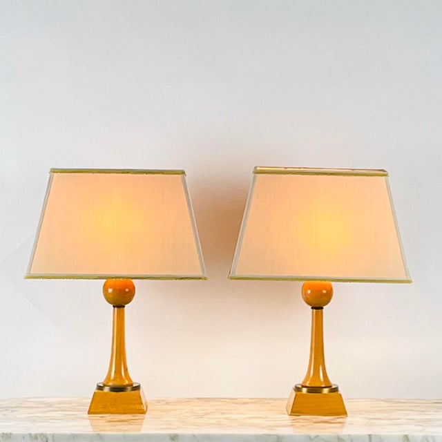Pair of Chic Sycamore and Gilt Bronze Art Déco Lamps - André Arbus. Custom silk shades included. Dimensions listed are the...