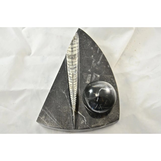 Mid 20th Century Black Carved Fossil Stone Wedge & Sphere For Sale - Image 5 of 7