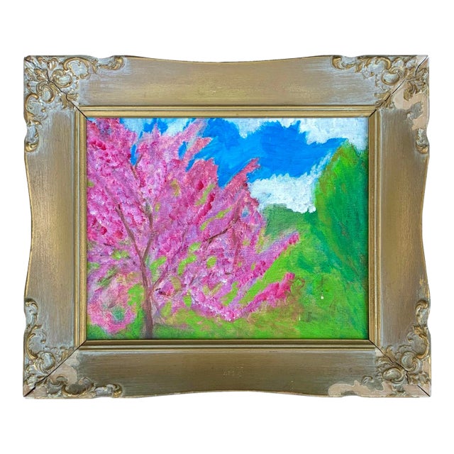 Spring Cherry Blossom Tree Abstract Painting in French Giltwood Frame For Sale