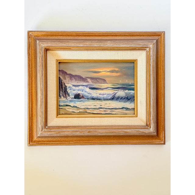 Lavender Ocean Tide at the Cliffs Oil Painting on Board by Southern California Artist Burl E. Chalmers For Sale - Image 8 of 11