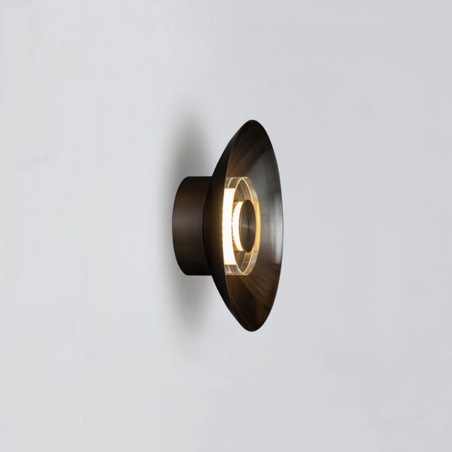 Height: 13.00” Width: 13.00” Depth: 4.55” Black Brass with a Clear Solid Glass Light Disc and 13” Diameter Brass Reflector...