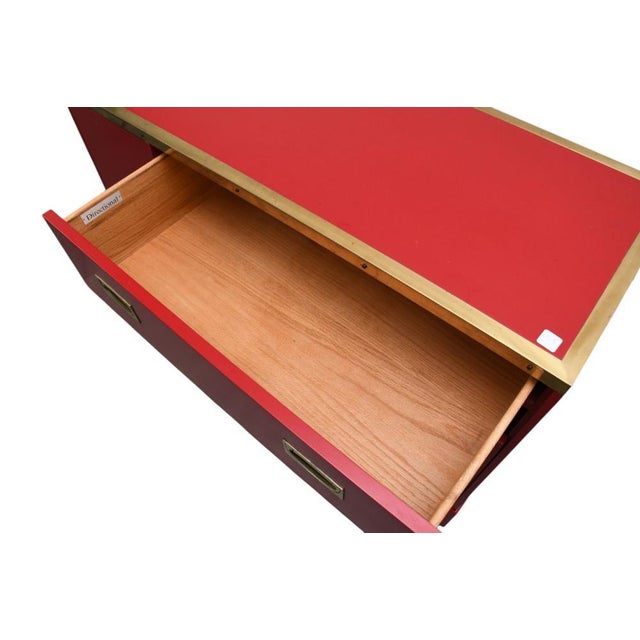 Wood 1970's Campaign Style Red and Brass Storage Cabinet by Directional For Sale - Image 7 of 8