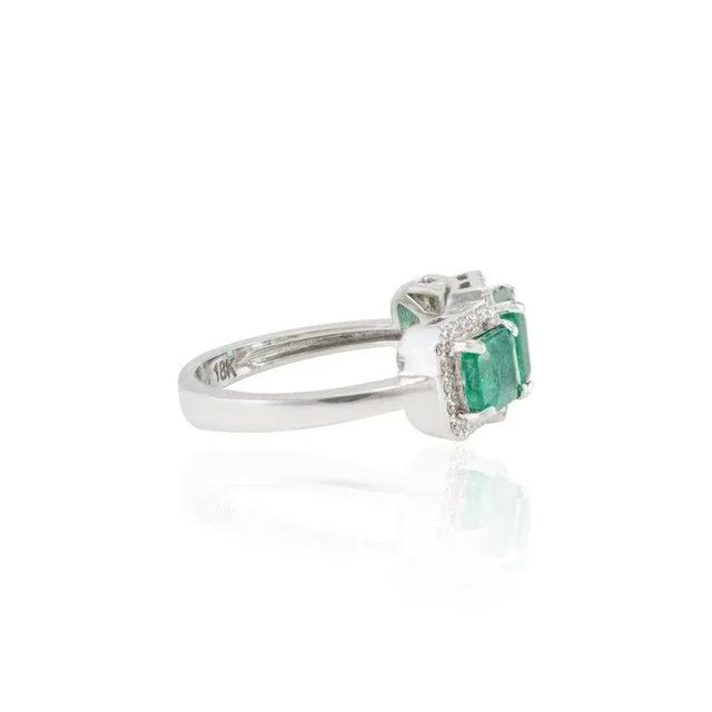 Not Yet Made - Made To Order Three Stone Emerald Halo Diamond 18k Gold Designer Vintage Ring Size 7 For Sale - Image 5 of 12