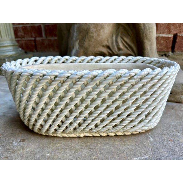 Spanish Vintage Spanish Porcelain Lattice Cache Pot / Planter With Rope Weave Design For Sale - Image 3 of 7