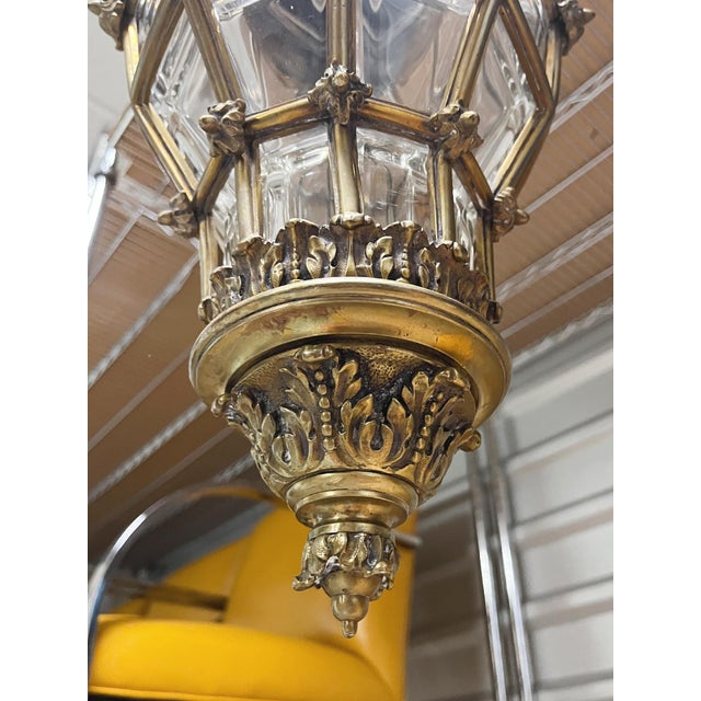 Early 20th Century Brass & Beveled Glass Lantern Pendant Light For Sale - Image 10 of 10