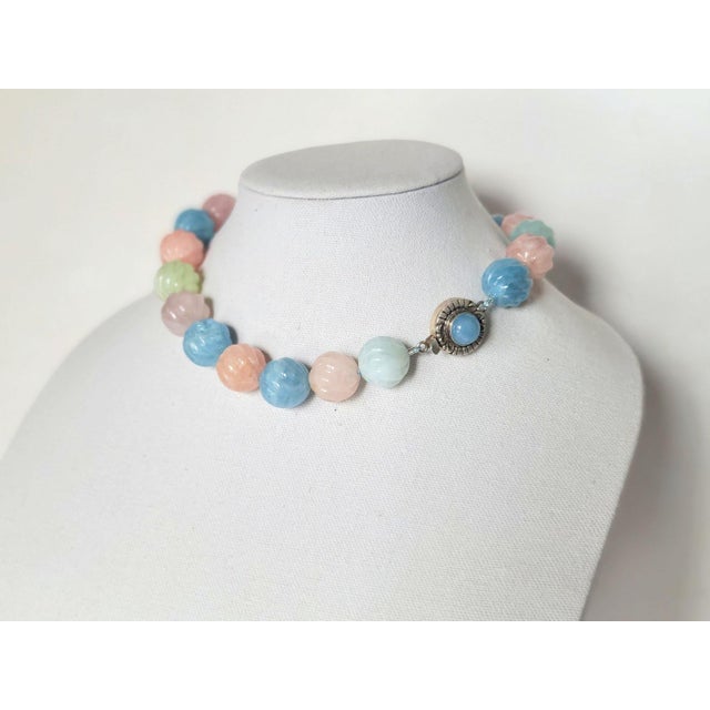 Carved Aquamarine Morganite Necklace With Sterling Silver Aquamarine Clasp For Sale - Image 9 of 10