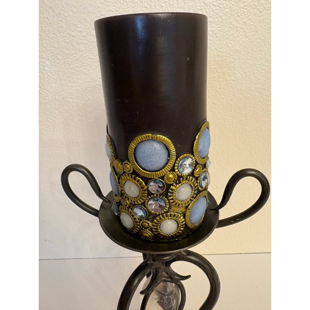 1970s Wrought Iron Candle Holders W/Whimsical Candles - A Pair For Sale - Image 4 of 7