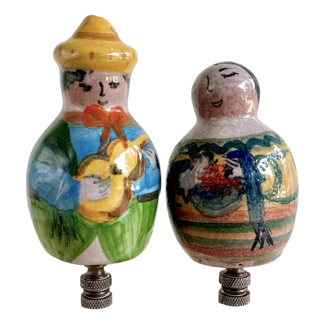 Mexican Pottery Figural Lamp Finials on Bronze Hardware - A Pair For Sale