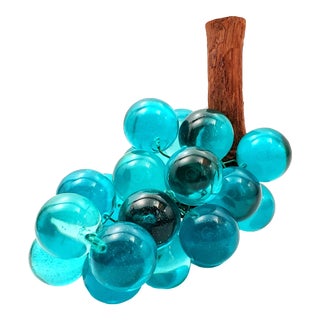 1960s Vintage Pop Art Turquoise Colored Lucite Table Sculpture of Grapes on Wood Branch For Sale