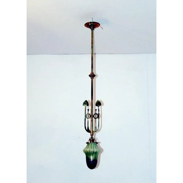 Excellent Art Nouveau suspended Viennese lamp (pendant) with Palme König Koenig glass shade, made circa 1900. milky glass...