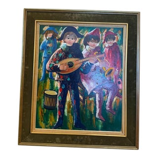 1971 Mid-Century Modern Nino Giuffrida "Carnaval D'Enfants" Oil Painting - Framed For Sale