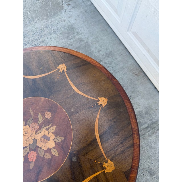 Vintage French Louis XV Style Round Marquetry Side Table With Floral Inlay & Lower Shelf For Sale - Image 11 of 12