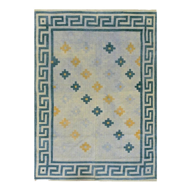 1930s White Geometric Modern Antique Indian Dhurrie Rug 4'9" X 67'8" Handknotted Cotton Carpet For Sale