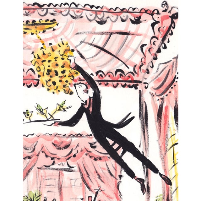 Swinging from the chandelier, the waiter swoops over the guests as the martinis fly in the air.