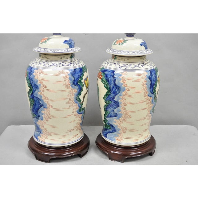 Vintage Chinoiserie Oriental Oatmeal Ginger Jar Ceramic Table Lamps - A Pair For Sale - Image 10 of 13