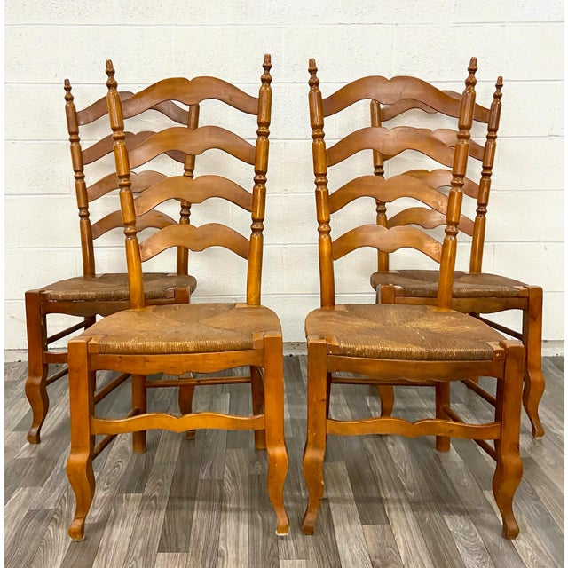 Vintage 1962 French Country Ladder Back Rush Seat Chairs Set of 4