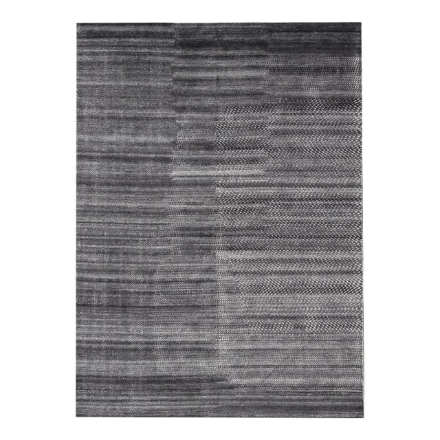 Modern Hand Knotted Abstract Indian Rug in Charcoal & Ivory in Wool 10 X 13'10 For Sale