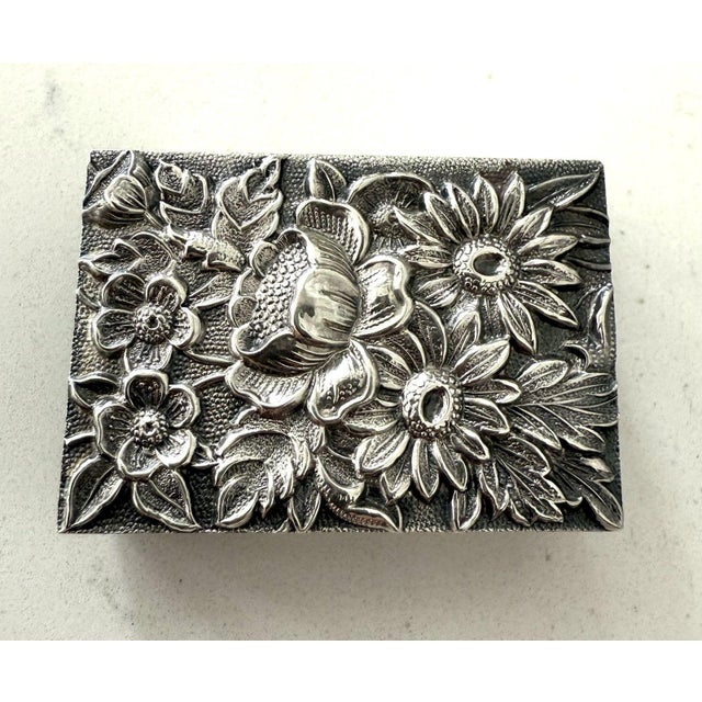 Art Nouveau 1930s Set of 2 S. Kirk & Son Repousse Floral 90f Sterling Silver Match Box Safe No Monos For Sale - Image 3 of 7