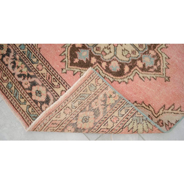 Hand-Knotted Oushak Runner Rug Faded Pink Low Pile Hallway Decor Kitchen Rug- 3'2″x 12'4″ For Sale - Image 12 of 14