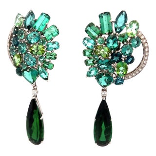 1990s Pair of Italian Convertible Green Tourmaline Diamond 18k White Gold Earrings For Sale