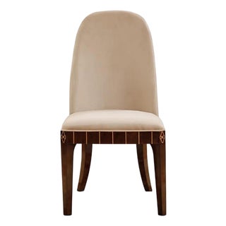 Luxury Walnut & Cream Upholstered Dining Side Chair With Gold Accents For Sale