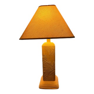 1980s Postmodern Dynasty Gallery Geometric Plaster Monumental Table Lamp With Original Shade & 3-Way Switch For Sale