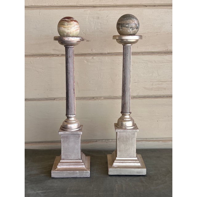 Silver Grand Tour Neoclassical Carved Water Giltwood Columns With Marble Spheres - A Pair For Sale - Image 8 of 9