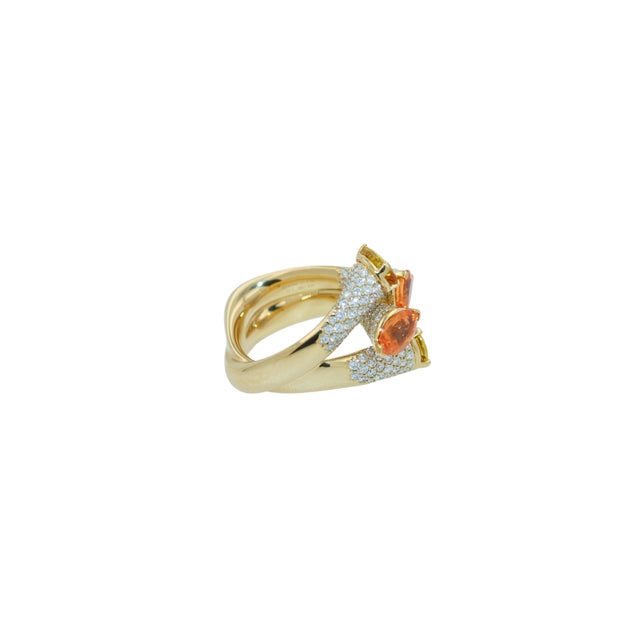 Diamond Orange Yellow Sapphire Cocktail Luxury Unique 18 Karat Yellow Gold Ring, Size 6.5 For Sale - Image 10 of 18