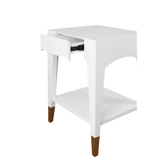 Contemporary Matthew Izzo Home Patti Glossy White Lacquer One Drawer Side Table With Antique Brass Foot Caps For Sale - Image 3 of 6
