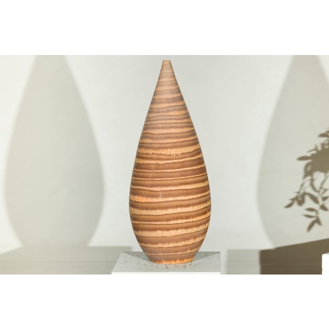 Tall Artisan Ceramic Vase with Brown Striped Glaze For Sale - Image 9 of 13