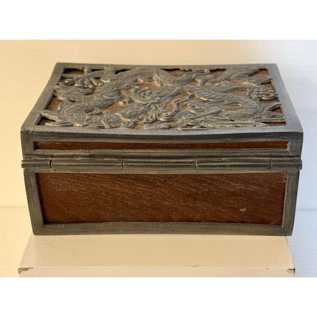 Late 20th Century Vintage Chinese Dragon Relief Wood & White Metal Decorative Trinket Box For Sale - Image 5 of 12