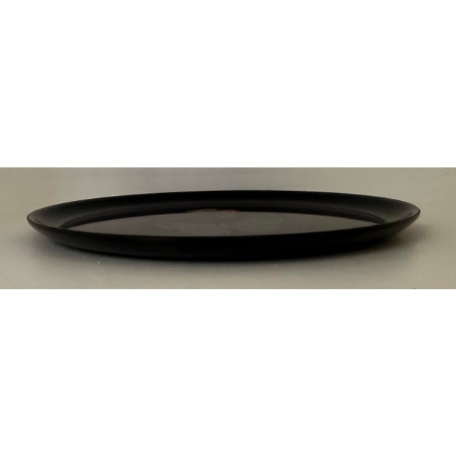 Metal Classic Vintage Mid-Century Modern Couroc of Monterey, Ca Round Tray With a Duo Butterfly Design Hand Inlaid With Multicolored Stones & Brass For Sale - Image 7 of 10