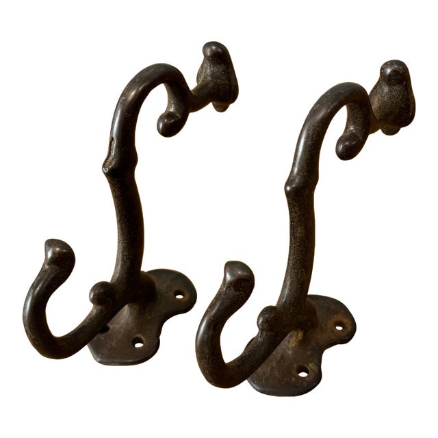 Antique Cast Metal Wall Mount Hat and Coat Hooks - A Pair For Sale