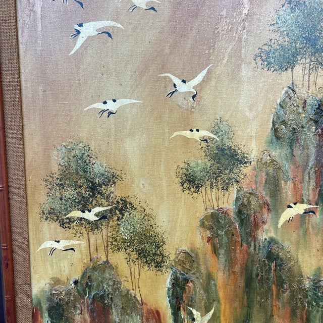 1960s Mid-Century Modern 3-Panel Triptych Painting by Thomas Pell Soaring Cranes & Landscape For Sale - Image 4 of 12