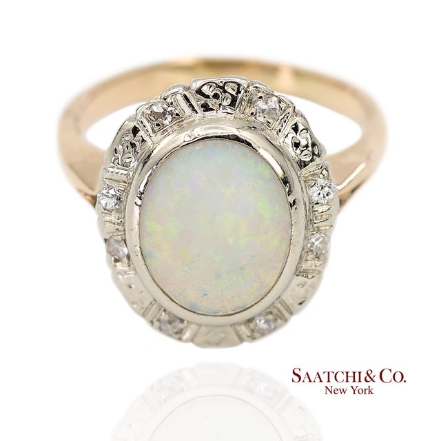 13k White and Yellow Gold Vintage Natural Diamond and Natural Opal Ring For Sale In New York - Image 6 of 12