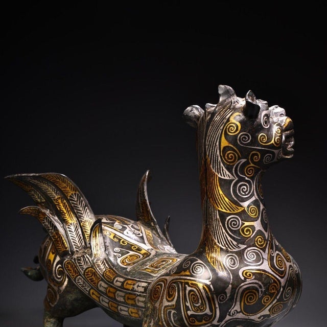 Late 19th Century Gilt Bronze Mythical Beast Figurine, Gold and Silver Inlay For Sale - Image 9 of 12
