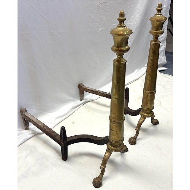 Metal Antique Bradley & Hubbard Federal Style Brass Ball & Claw Foot Andirons - A Pair For Sale - Image 7 of 18