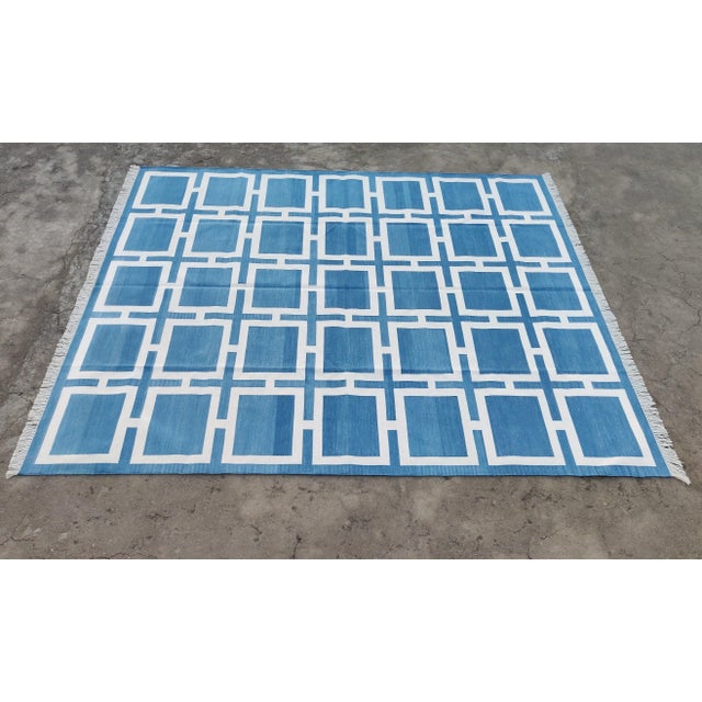 Handmade Cotton Pattern Square Rug, Sky Blue and White 8'x10' For Sale - Image 11 of 11