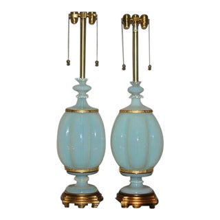 1960s Asian Marbro Murano White Opaline Glass Lamps - Pair For Sale
