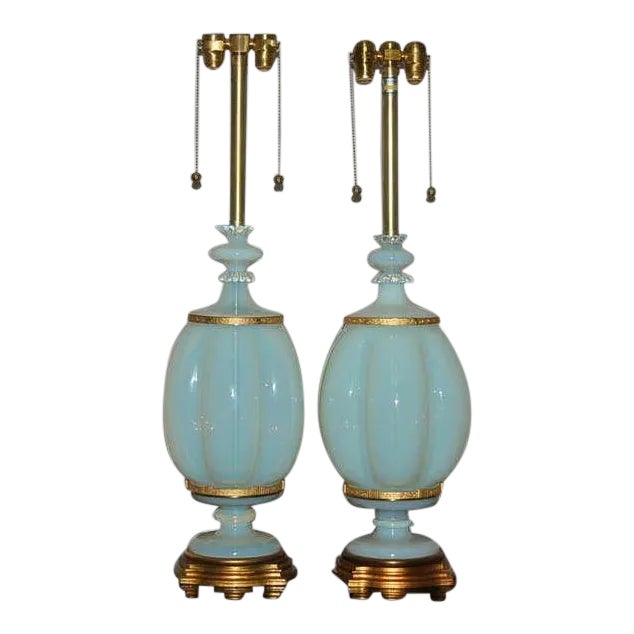1960s Asian Marbro Murano White Opaline Glass Lamps - Pair For Sale