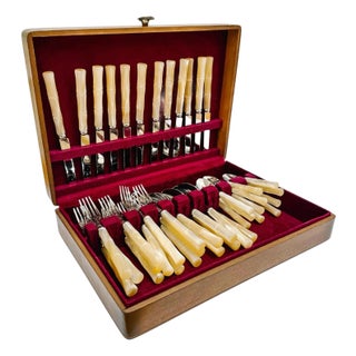Mid 20th Century Italian Faux Bamboo Mother of Pearl Flatware Set in Box - 48-Piece for 12 For Sale