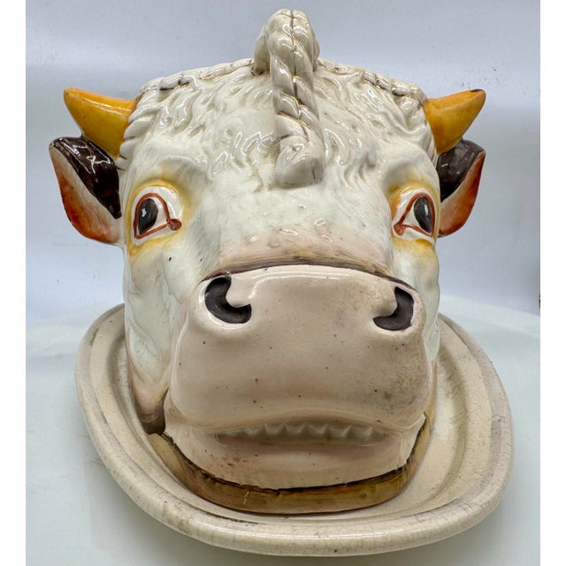 Antique Staffordshire Majolica Cow Head Dish, Victorian English Novelty Server For Sale - Image 6 of 12
