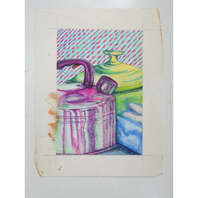 Vintage color drawing on paper of still life with tea kettle. Unsigned. Unframed, adhesive remains along edges.